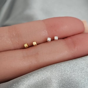 2mm Tiny Geometric Cube Earrings Studs in Gold or Sterling Silver for Women or Children, Dainty Stud Earrings, Minimalist Cartilage Earrings