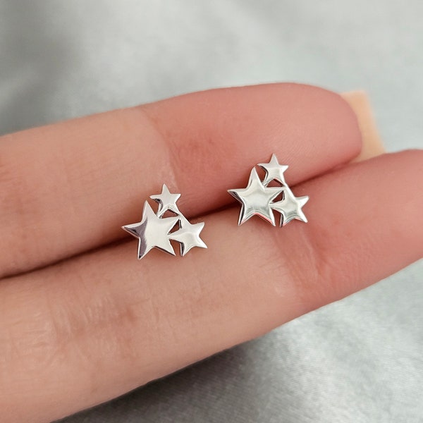 Trio Star Stud Earrings in Solid Sterling Silver | Triple Star Cluster Earrings in Minimalist and Simple Design | Hypoallergenic |