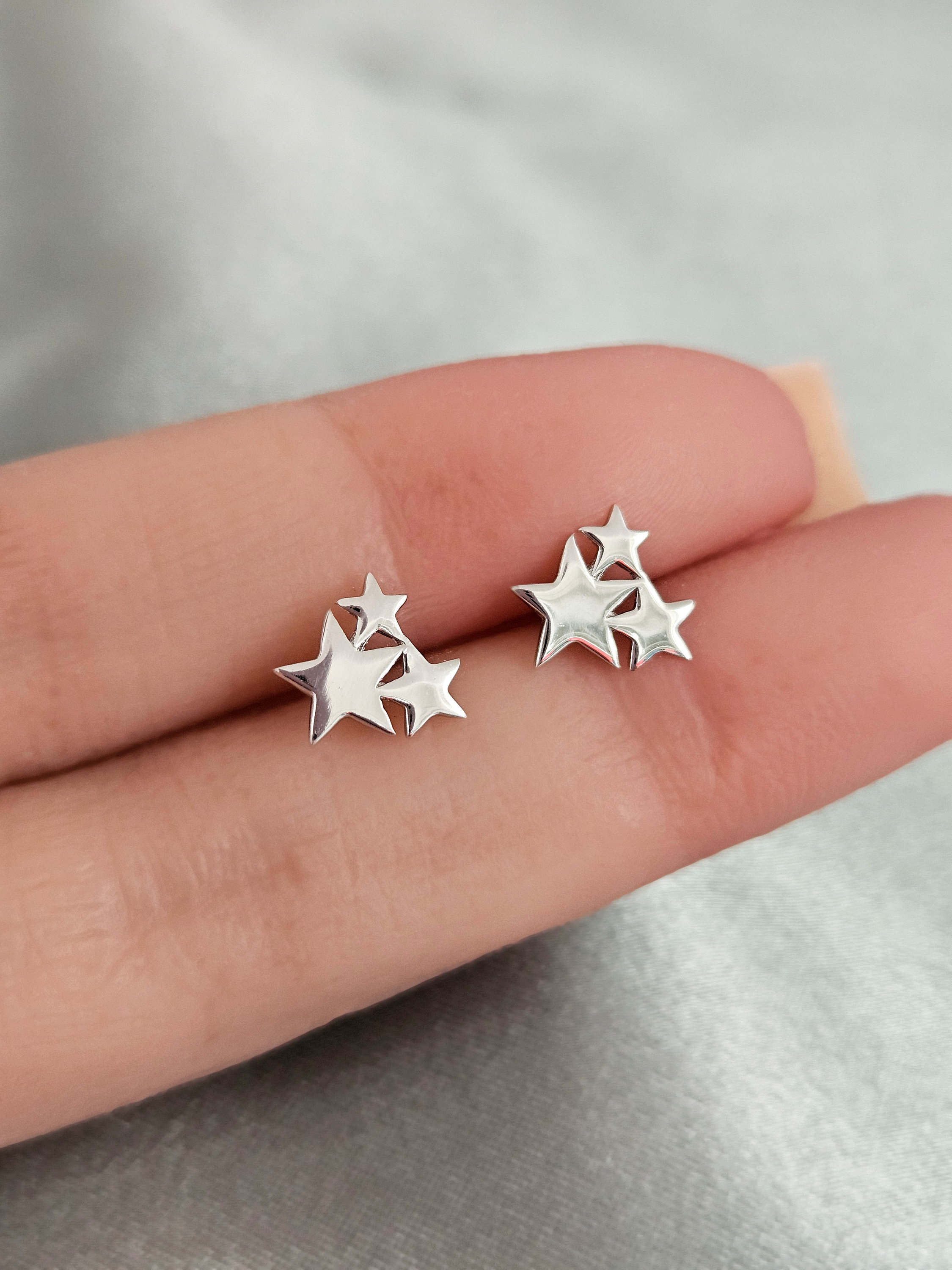 Trio Star Stud Earrings in Solid Sterling Silver Triple Star Cluster Earrings in Minimalist and Simple Design Hypoallergenic Etsy