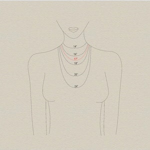 May include: Diagram showing different necklace lengths on a person's neck. The lengths are 14 inches, 16 inches, 17 inches, 18 inches, 20 inches, and 24 inches.