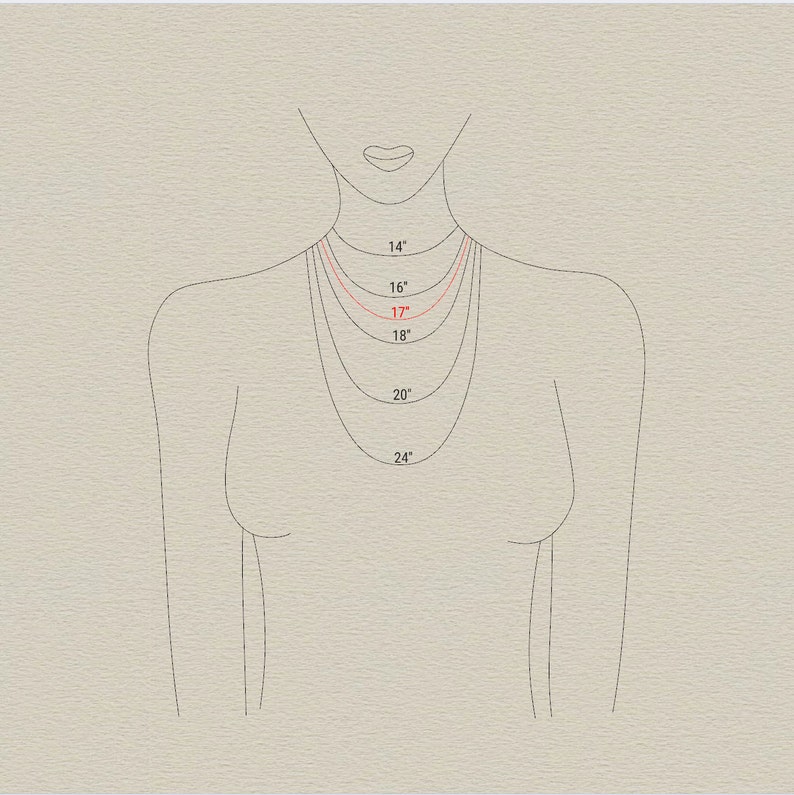 May include: Diagram showing different necklace lengths on a person's neck. The lengths are 14 inches, 16 inches, 17 inches, 18 inches, 20 inches, and 24 inches.