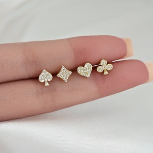 Poker Card Suit Earrings Diamonds Spades Hearts Clubs Studs in Sterling Silver or Gold, Casino Player Jewelry, Perfect Gift for Card Lovers