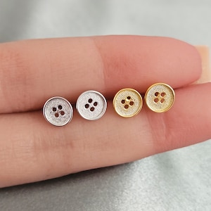 Dainty Button Earrings, Button Studs Sterling Silver or Gold, Quirky Retro Earrings, Classic Style, Fun Statement Jewelry, Gift for Mom