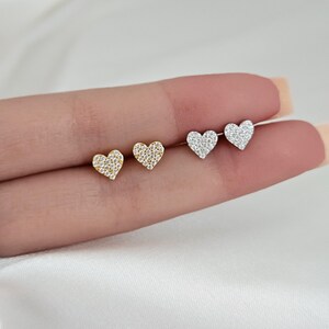 Dainty Heart Stud Earrings in Silver or Gold, Gift for Mother, Wife or Girlfriend, Sparkle Diamond Heart Earrings, Valentine's Day Gift