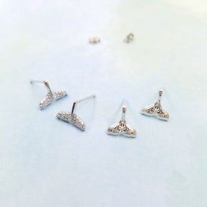Whale Tail Stud Earrings in Solid Sterling Silver, Mermaid Tail Earrings, CZ Tail Earrings, Silver Stud Earrings Minimalist Tiny  Small