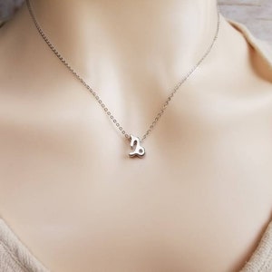 May include: A silver necklace with a small, silver Capricorn zodiac symbol pendant.