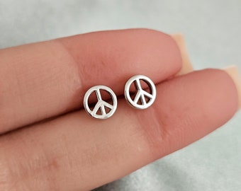 Tiny Peace Sign Earrings in Sterling Silver, Harmony Peace and Love Stud Earrings Silver Earring Studs Minimalist Dainty Earrings