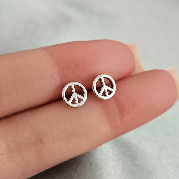 Tiny Peace Sign Earrings in Sterling Silver, Harmony Peace and Love Stud Earrings Silver Earring Studs Minimalist Dainty Earrings