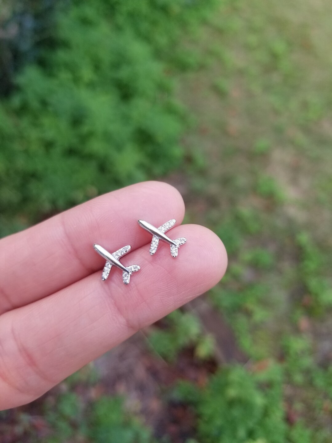 Airplane Earrings in Sterling Silver Cubic Zirconia Silver Stud