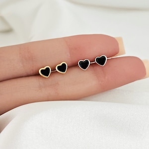 Tiny Heart Shape Stud Earring With Black Enamel in Sterling Silver, Classic Simple and Minimalist, Lightweight, Hypoallergenic