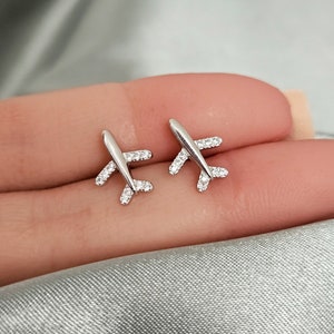 Airplane Earrings in Sterling Silver Cubic Zirconia Silver Stud Earrings Best Friend Gift