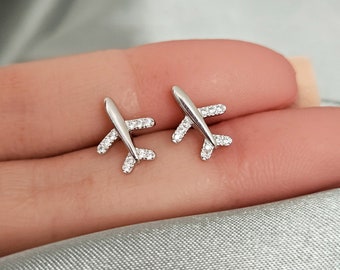 Airplane Earrings in Sterling Silver Cubic Zirconia Silver Stud Earrings Best Friend Gift