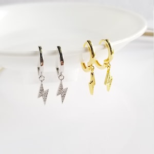 Flash Lightning Bolt Dangle Hoop Earrings in Silver or Gold, Thunderbolt Huggie Earrings, Small Sleeper Hoops, Perfect Birthday Gift