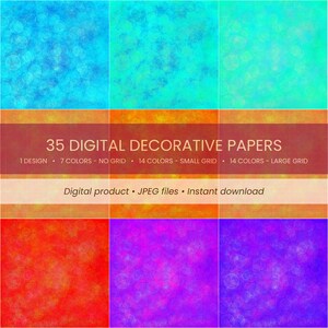 Peut inclure: Une collection de 35 papiers décoratifs numériques présentant des motifs de lumière bokeh dans diverses couleurs, dont le bleu, l'orange, le rouge et le violet. Le texte indique 35 DIGITAL DECORATIVE PAPERS, 1 DESIGN, 7 COLORS - NO GRID, 14 COLORS - SMALL GRID, 14 COLORS - LARGE GRID, Digital product, JPEG files, Instant download.