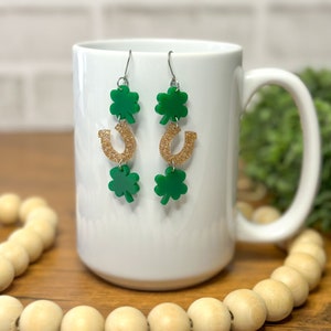 Shamrock and Horseshoe Dangle Earrings, St Patrick&#39;s Day, St. Paddys, titanium earrings, gift for her, holiday earring, spring