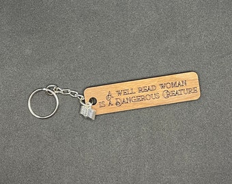 Walnut Keychain, "A Well Read Woman", Book Charm, Reader Gift