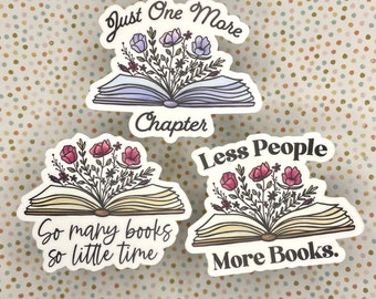 Book Lover Sticker Set, Floral Book Stickers, Laptop Decals