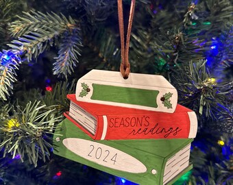 Personalized Book Stack Ornament, Bookish Librarian Gift, Laser Cut