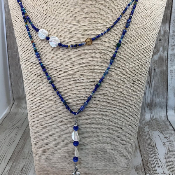 Tranquil twin mother of pearl moons on delicate uneven double strands blue bead necklace