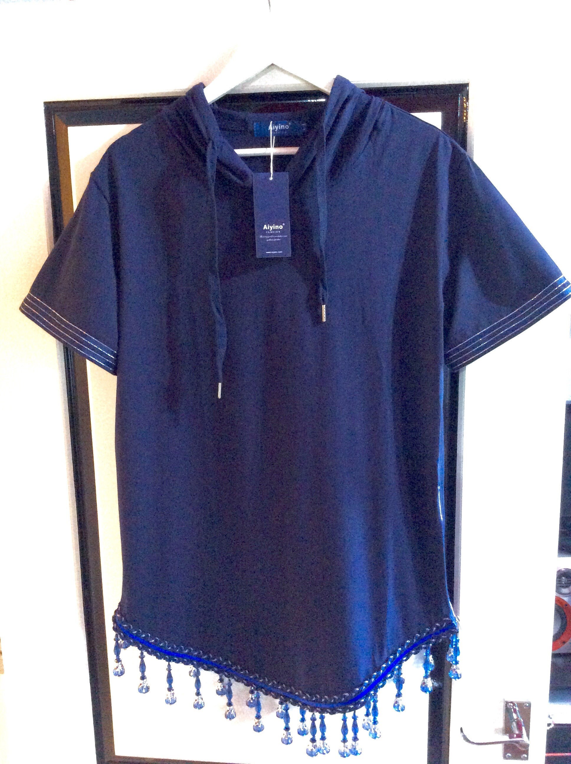 Image of Mens Hebrew Israelite Short-Sleeve Side-Zipper Hoodie With Blue Beaded Fringes & A Ribbon Of