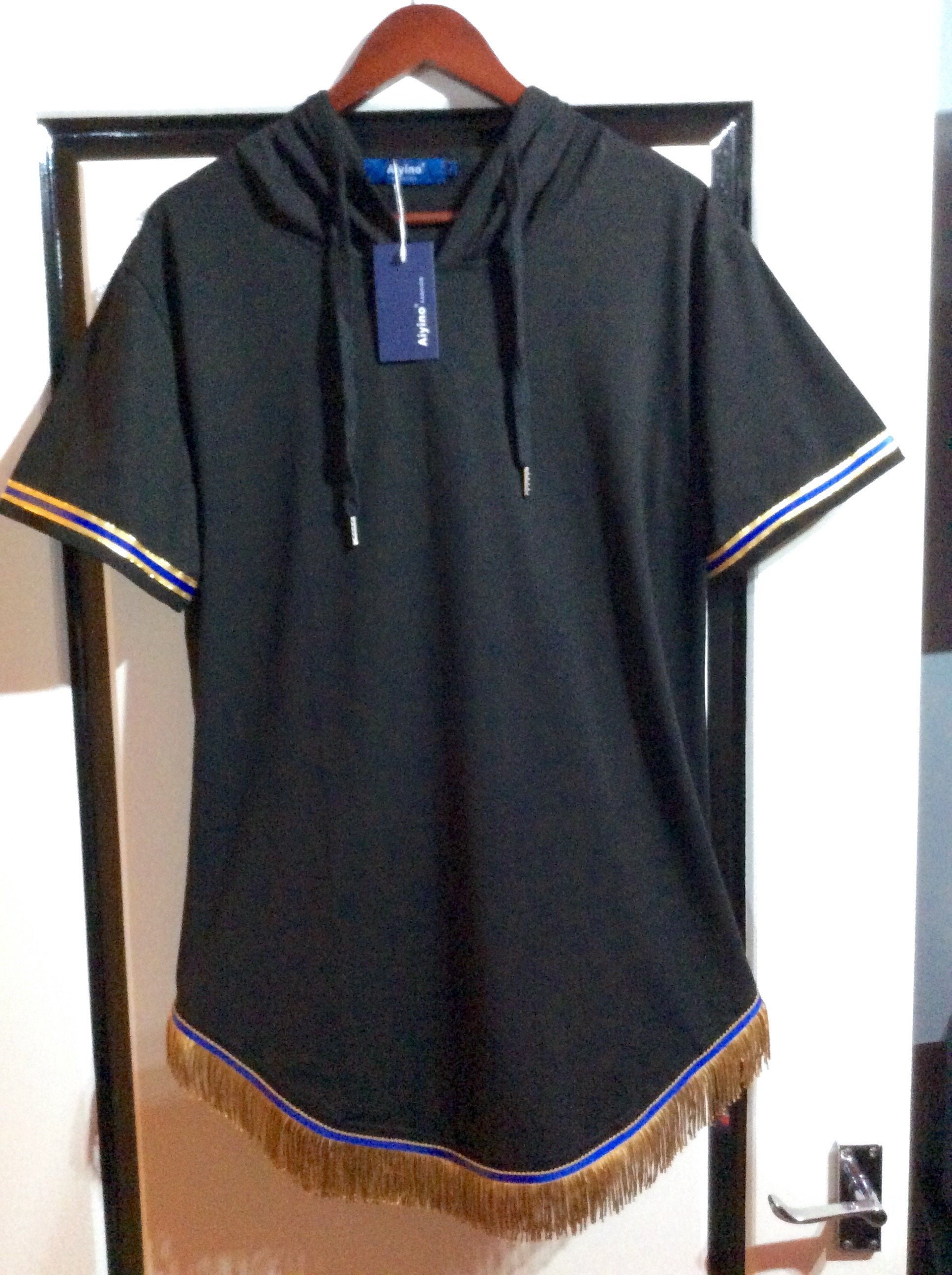 Image of Mens Hebrew Israelite Black Short Sleeve Side Zipper Hoodie With Gold Chainette Fringes & A Ribbon Of Blue