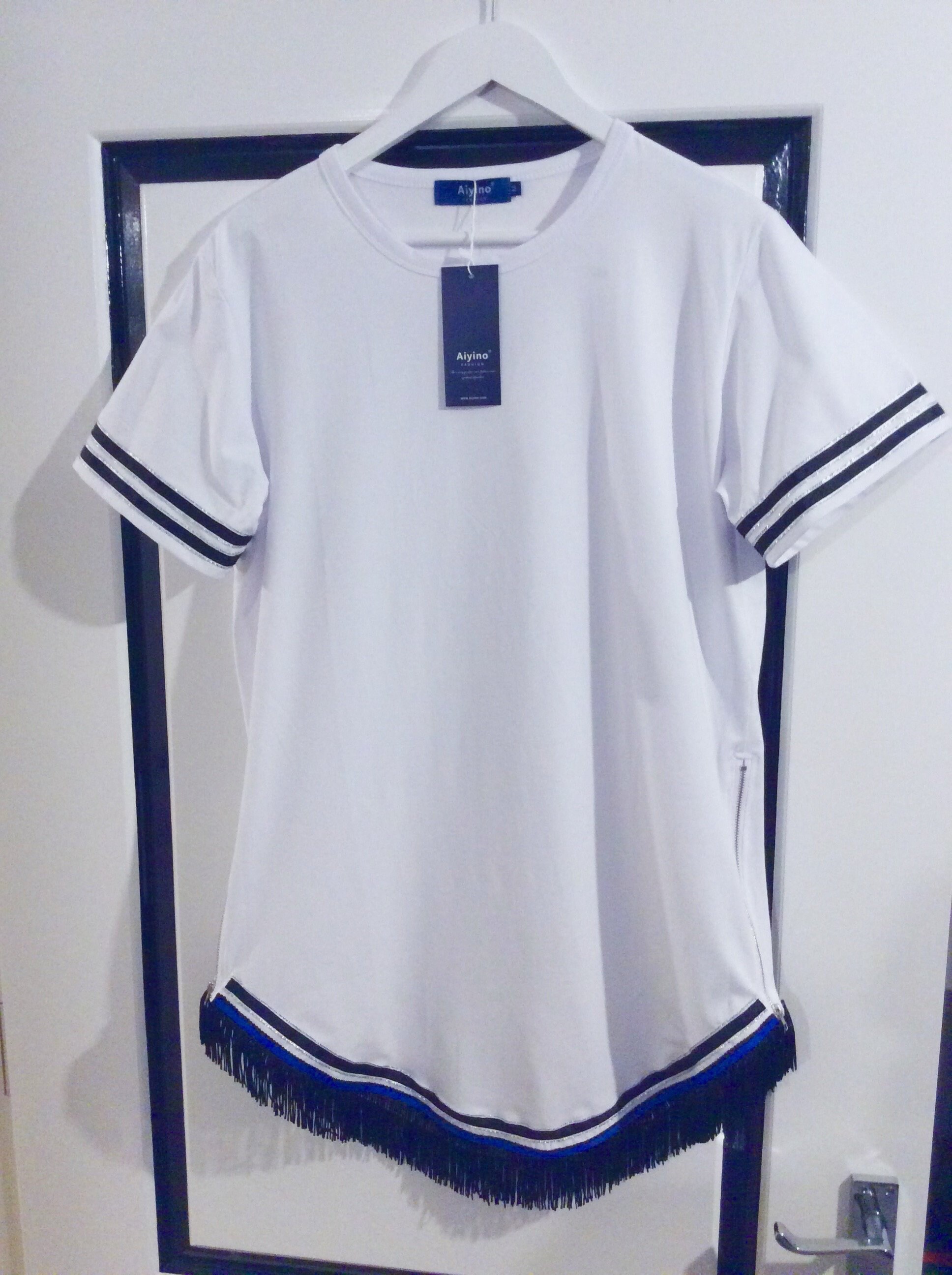 Image of Men’S Hebrew Israelite Longline Side Zipper Black & White T Shirt With Chainette Fringes A Ribbon Of Royal Blue