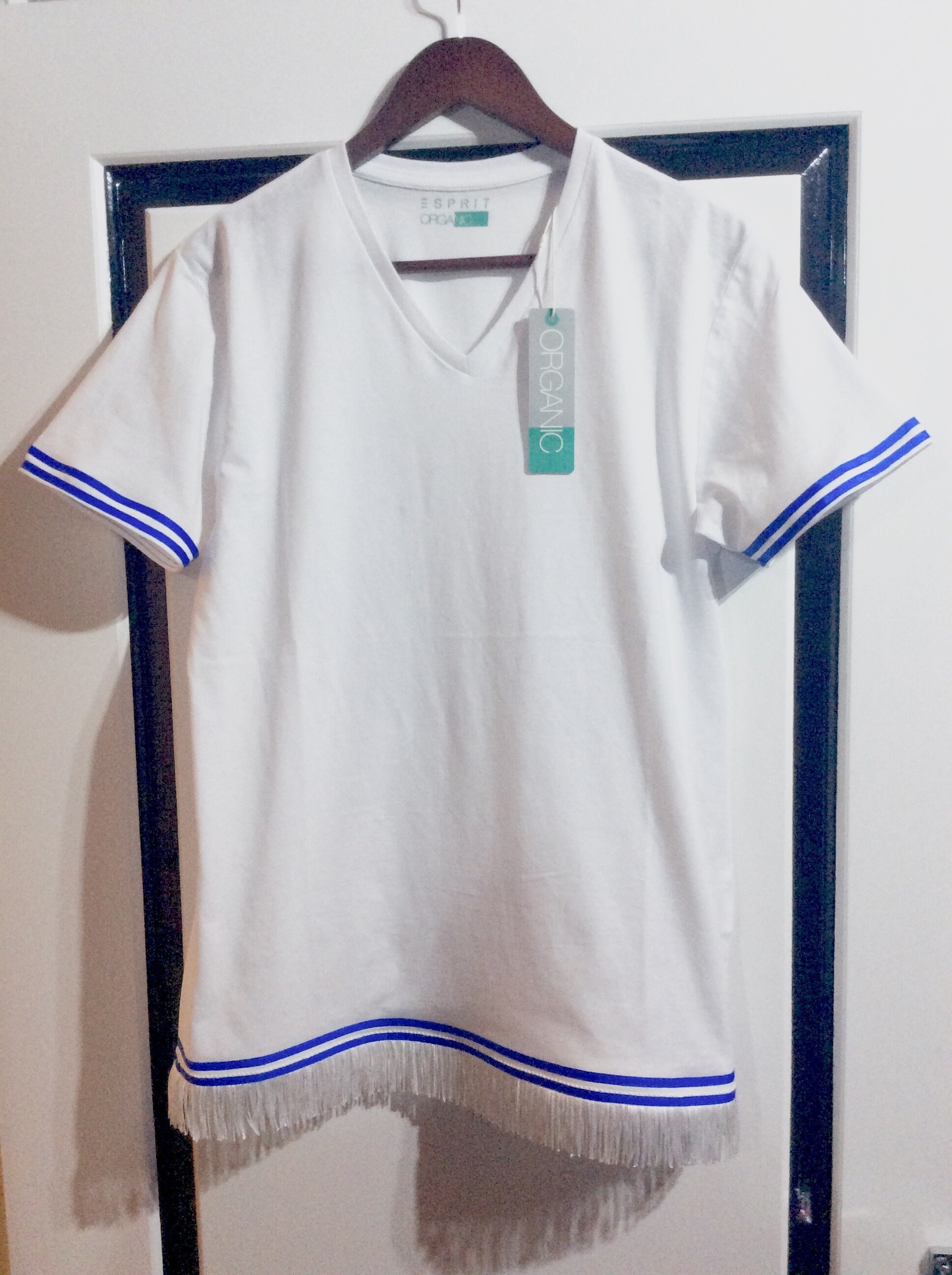 Image of Hebrew Blue... Mens Israelite White V-Neck T Shirt With White Fringes & A Ribbon Of Royal Blue