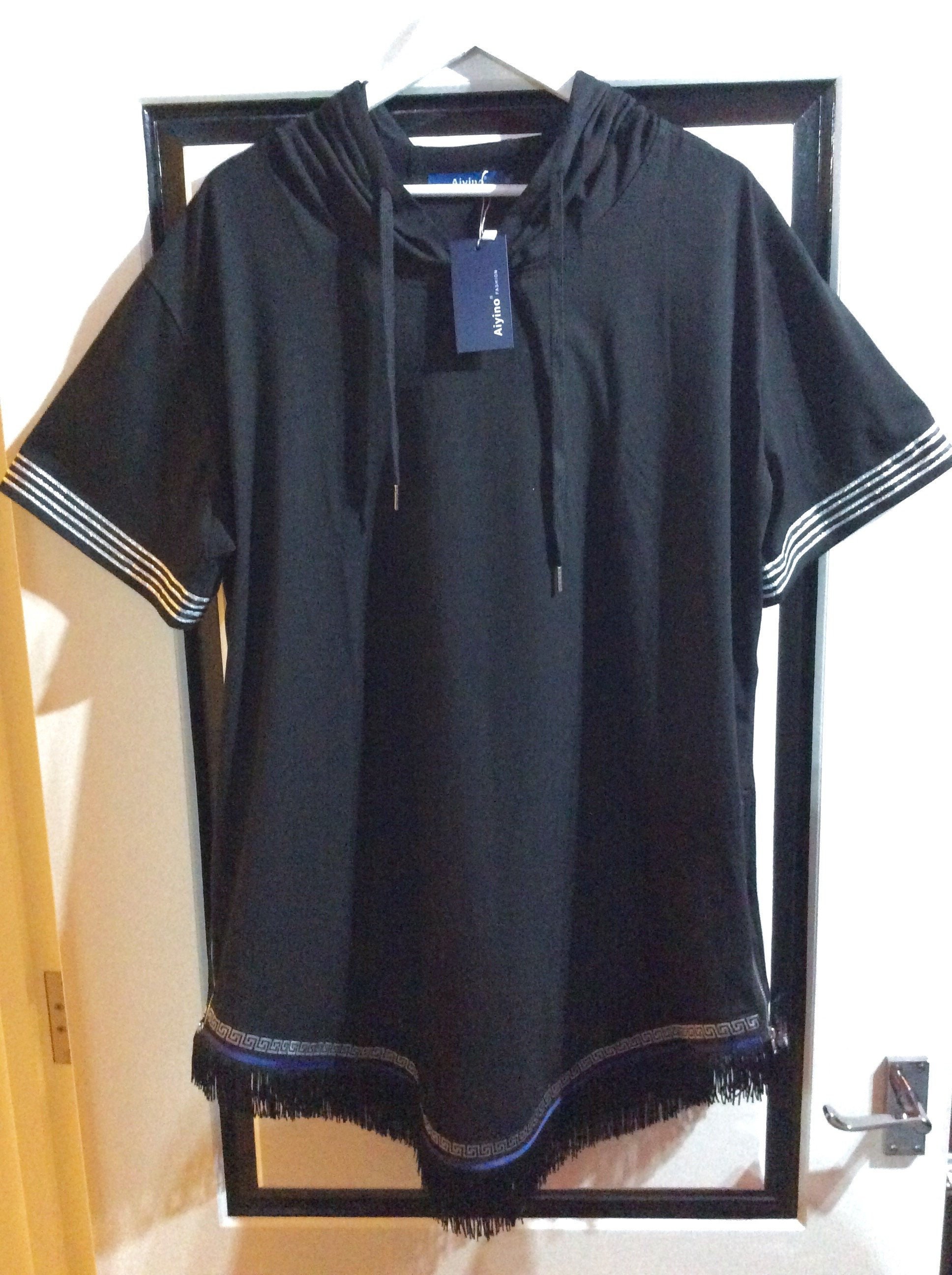 Image of Mens Hebrew Israelite Black & Silver Short Sleeve Side Zipper Hoodie With Chainette Fringes A Ribbon Of Navy Blue