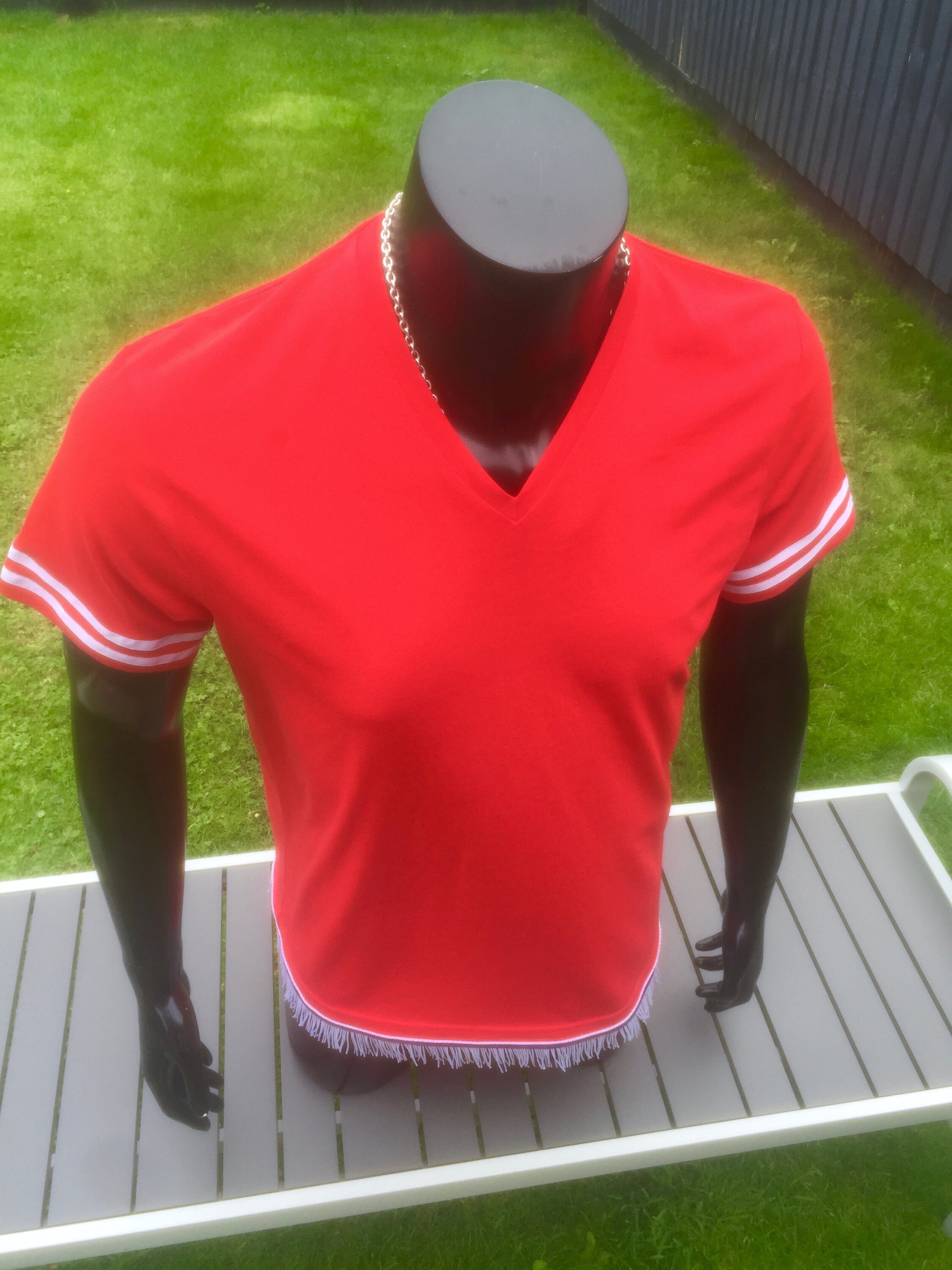 Image of Hebrew Israelite Clothing.... Mens Red & White V-Neck T Shirt With Chainette Fringes Ribbon Of Navy Blue