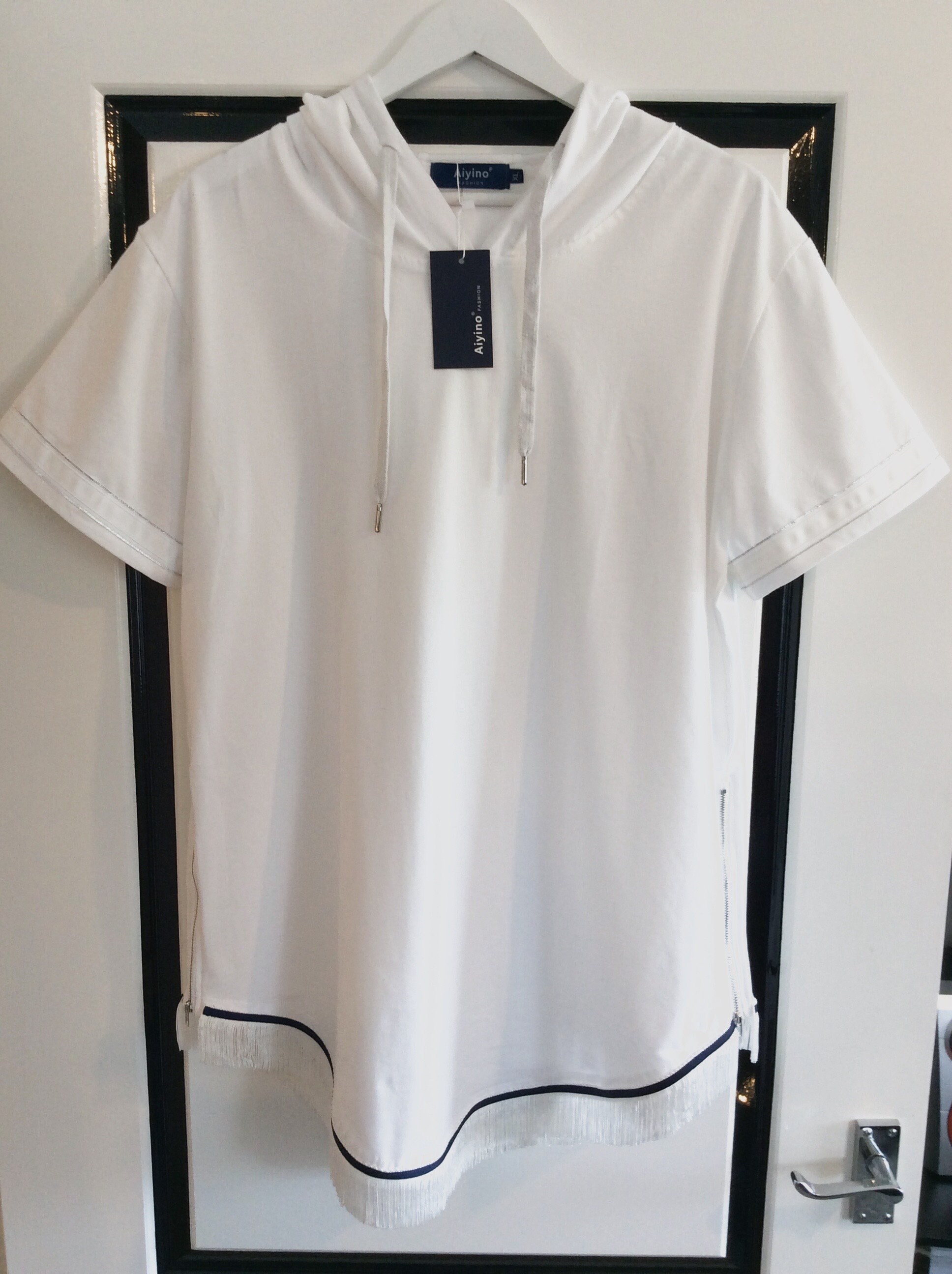 Image of Mens Hebrew Israelite White Short-Sleeve Side-Zipper Hoodie With Fringes & A Ribbon Of Blue