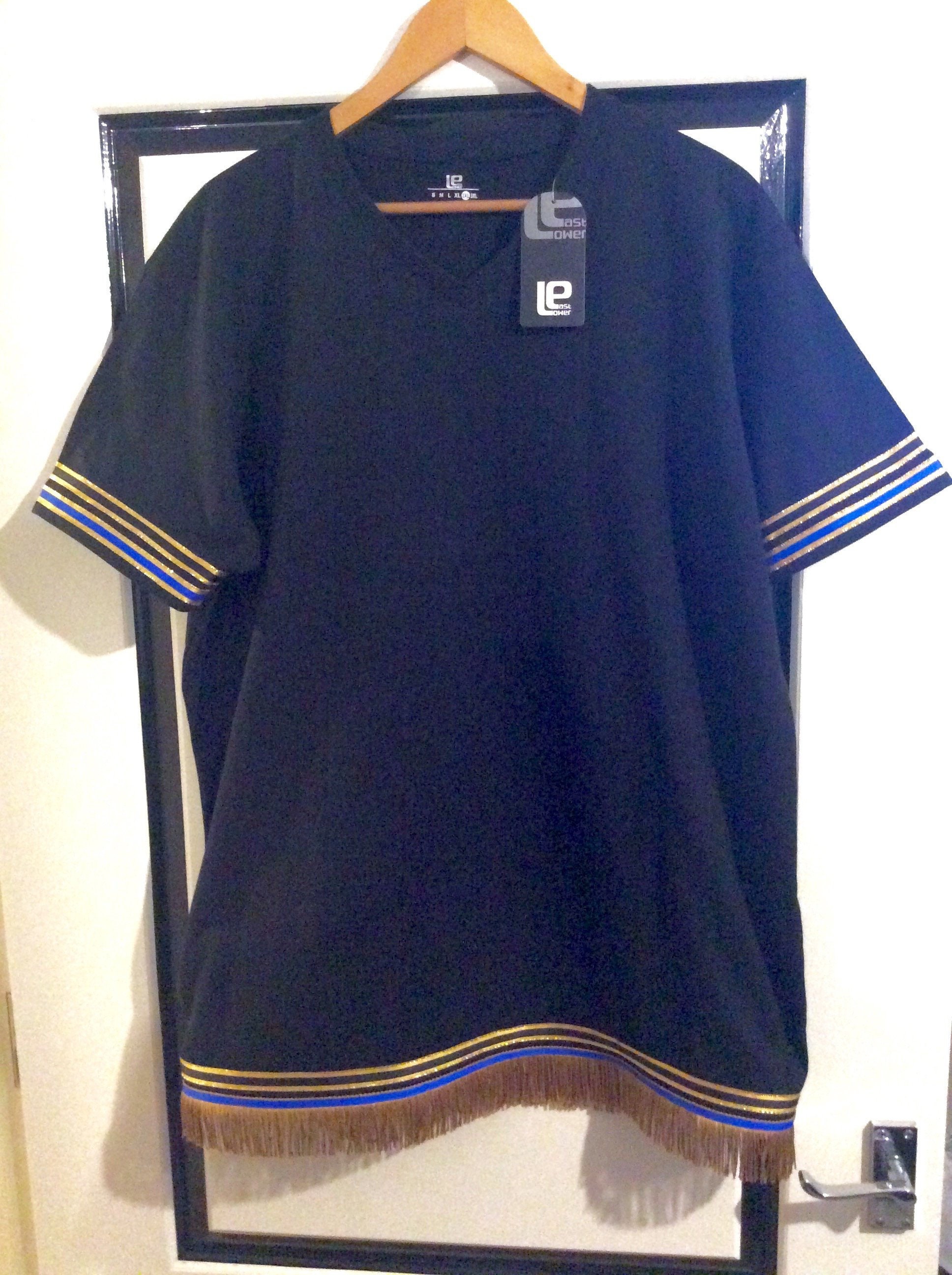 Image of Men’S Hebrew Israelite Black & Gold V-Neck T-Shirt With Fringes A Ribbon Of Royal Blue