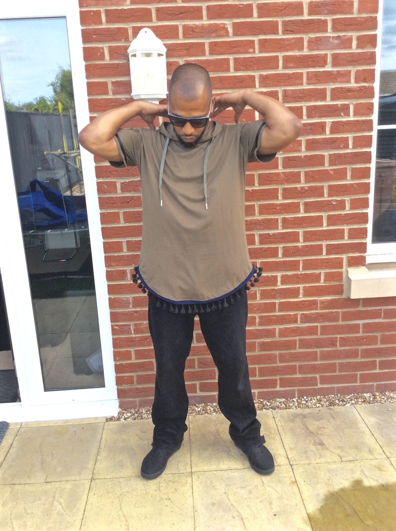 Mens army green Hebrew Israelite side-zipper short sleeve hoodie with black fringestassels and a ribbon of blue