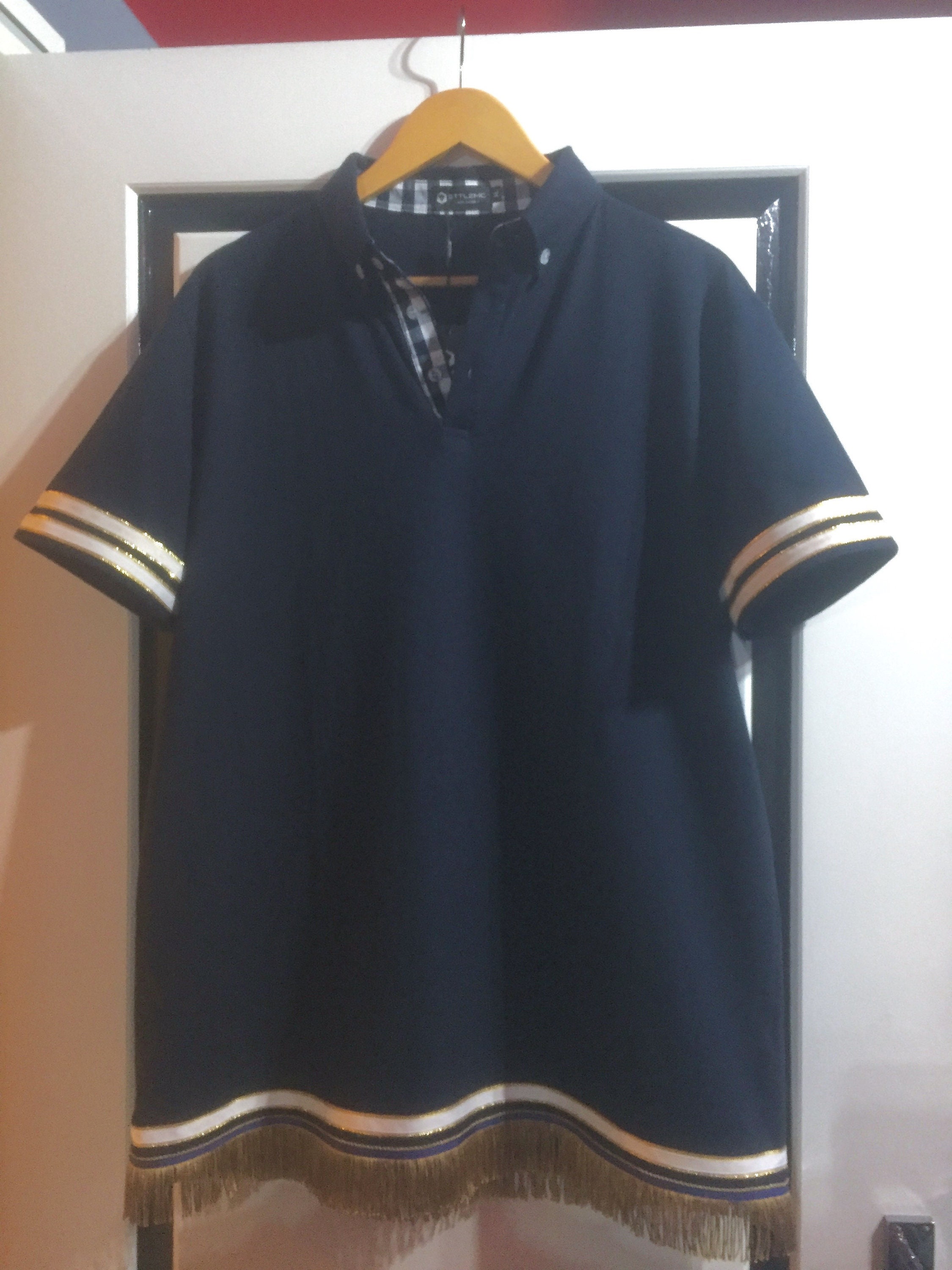 Image of Mens Hebrew Israelite Navy Blue Polo T Shirt With Gold Fringes & A Ribbon Of
