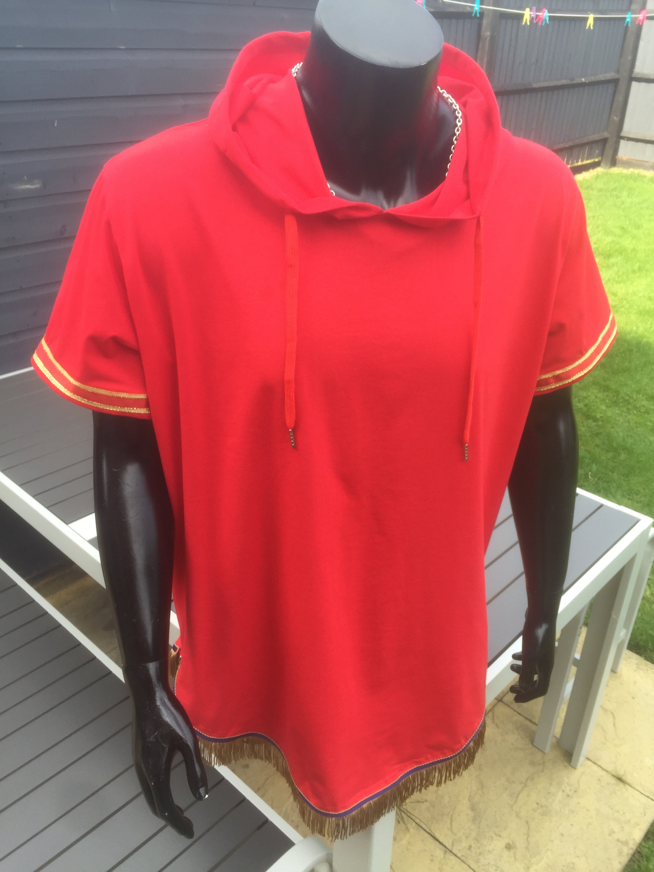 Image of Men’S Hebrew Israelite Red Short-Sleeve Side-Zipper Pullover Hoodie With Gold Fringes & A Ribbon Of Blue