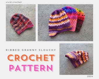 CROCHET PATTERN - Ribbed Granny Slouchy Hat, Brimmed Slouchy Hat, Granny Stitch, PDF Downloadable Crochet Pattern