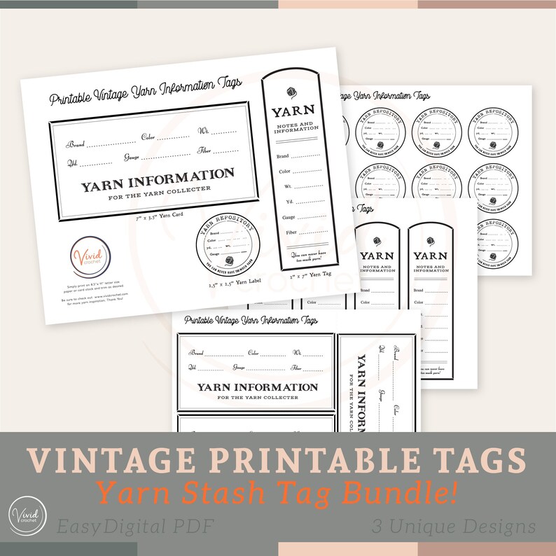 PRINTABLE Vintage Style Yarn Information Cards &amp; Labels Bundle, Print at Home, Vintage Design ...