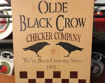 Olde Black Crow Checkerboard Primitive Wood Sign 12 x 20