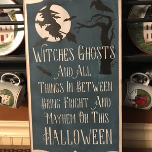Witches and Ghosts Primitive Wood Halloween Sign 12 x 24
