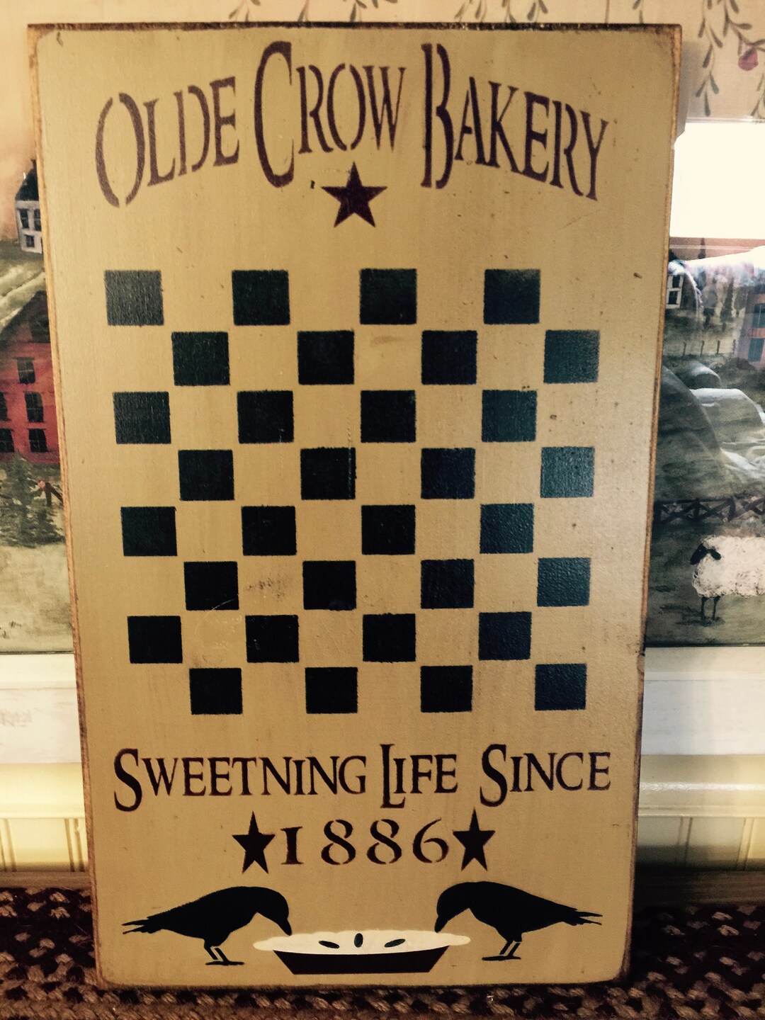 Old Crow Bakery Primitive Wood Checkerboard Sign 12 X 20 Etsy