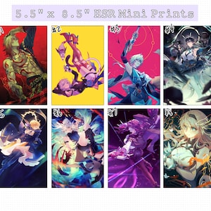 May include: A collection of eight HSR Mini Prints, each 5.5" x 8.5", featuring vibrant anime-style illustrations. The prints showcase various characters in dynamic poses, with bold color palettes including red, yellow, blue, and purple. The text "HSR Mini Prints" is visible.