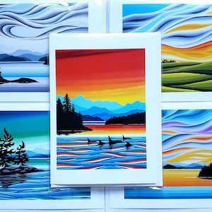 Cartes artistiques - Lot de cinq cartes de voeux de 5 x 7 pouces. Intérieur vierge, enveloppes et pochettes en plastique incluses.