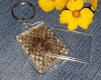 May include: A clear plastic keychain with a brown snake skin pattern inside. The keychain has a silver ring and is on a blue denim background.