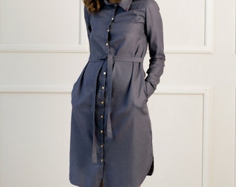 Ready to ship - Grey modest dress, Midi shirt dress, Business casual, Maternity dress,  Secretary dress, Work dress