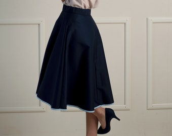 High waist circle skirt dark blue color, Knee length with pockets - click for details