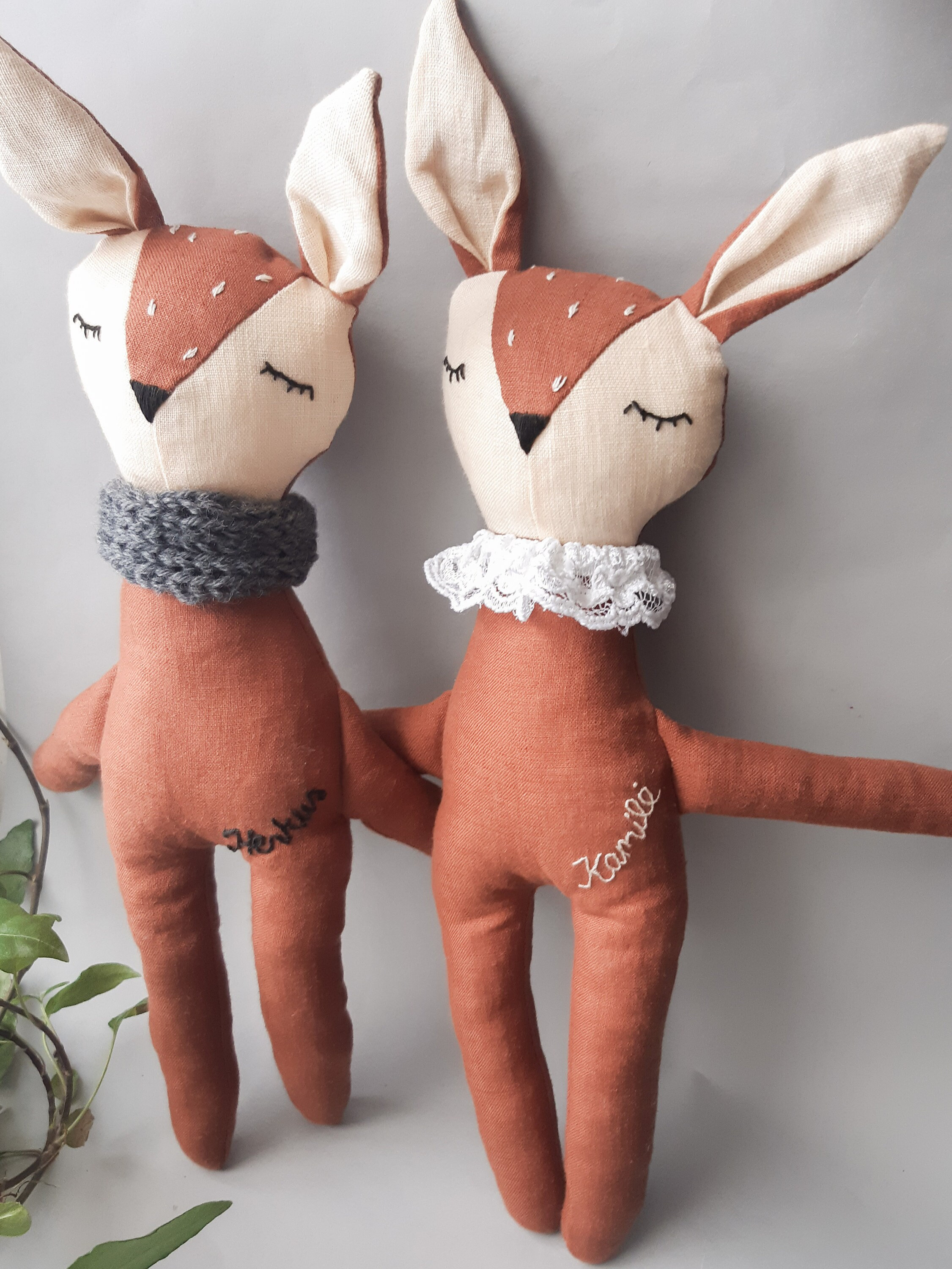 Handmade personalized embroidered plush toy with name - Plush deer one year old gift -deer plush Montessori baby toys - Waldorf toy