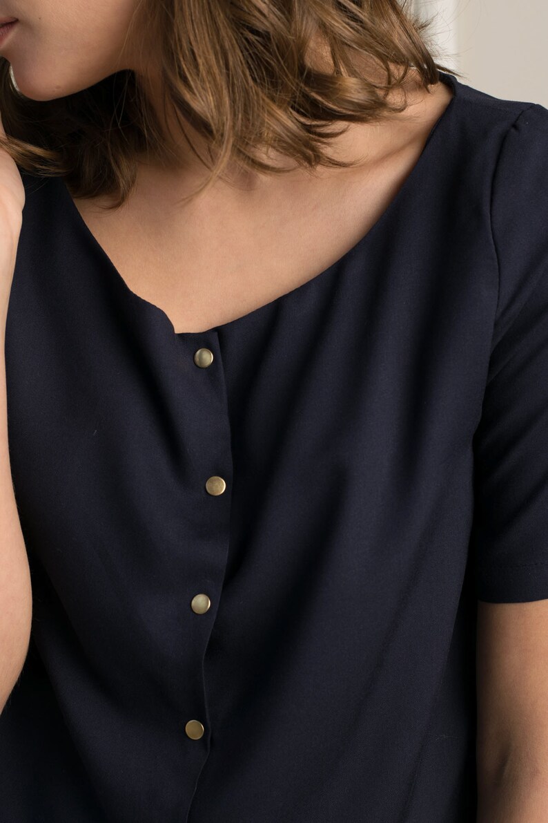 Modest Viscose Top Blouse Short Sleeve Women Blue Blouse Maternity Shirt Nursing Shirt Oversized Snap Button Top By Mulier Arcanum image 2