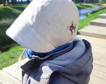 Reversible linen Baby Bonnet with embroidered Deer– Summer Hat for Baby Boy – Handmade Natural Sun Bonnet. Summer Hat for Newborn to 4 Years