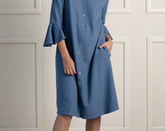 Linen Maternity Dress with Snap Buttons – Boho Cottagecore Midi Dress for Pregnancy & Breastfeeding – Handmade Loose Fit with Pockets