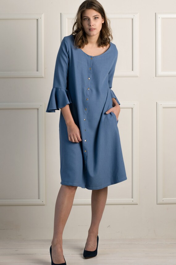 Linen Maternity Dress with Snap Buttons - Boho Cottagecore Midi Dress for Pregnancy & Breastfeeding - Handmade Loose Fit with Pockets