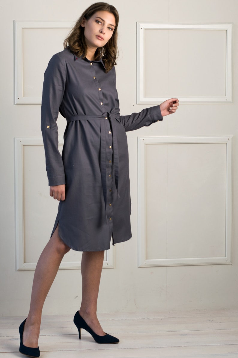 Ready to ship Grey modest dress, Midi shirt dress, Business casual, Maternity dress, Secretary dress, Work dress image 2